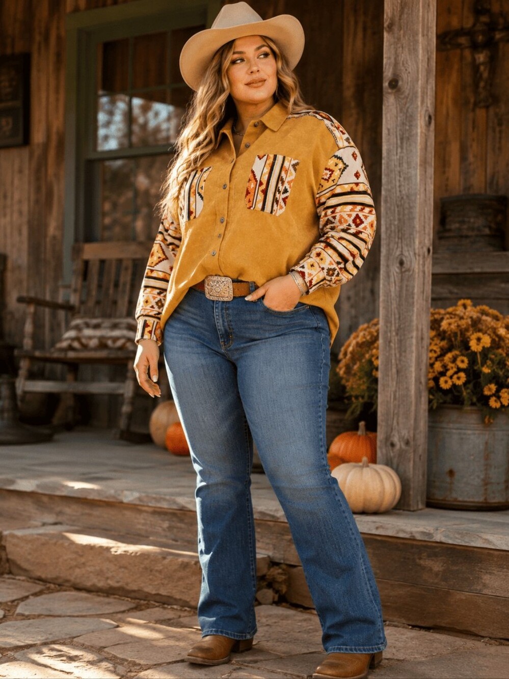 Plus Size Mustard Aztec Southwestern Button Down Shacket Western Boho Shacket